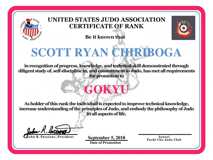 6th Kyu · September 5, 2018 · Promoted by John R. Paccione