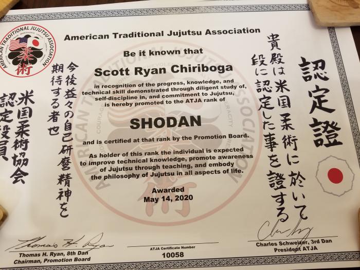 ATJA Jujutsu Shodan (Black Belt 1st Degree) Rank Certificate