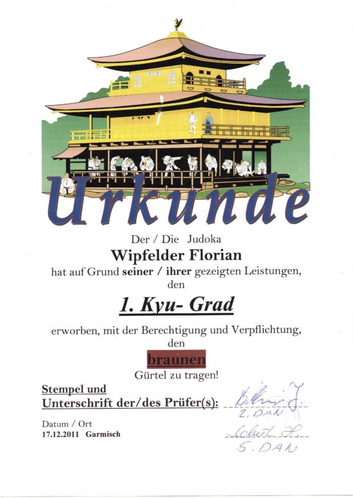 1st Kyu · December 17, 2011 · Promoted by Schuetz/Billmeir