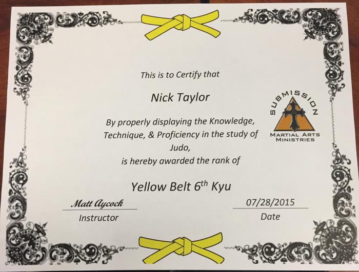 6th Kyu · July 28, 2015 · Promoted by Matt Aycock
