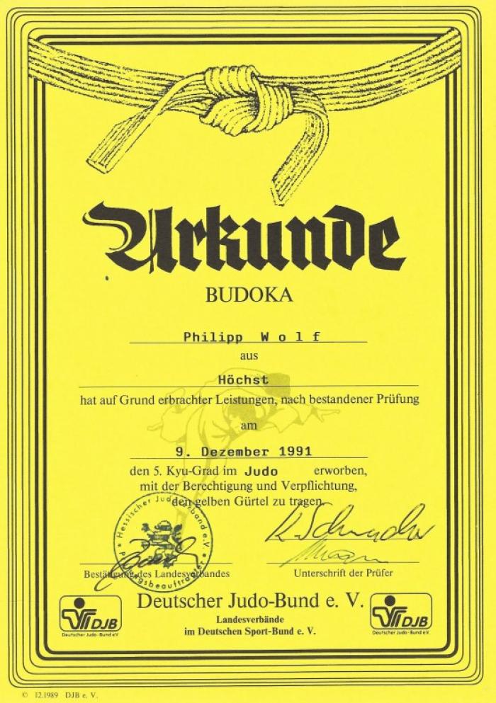 5th Kyu · December 9, 1991 · Promoted by Hessischer Judo Verband
