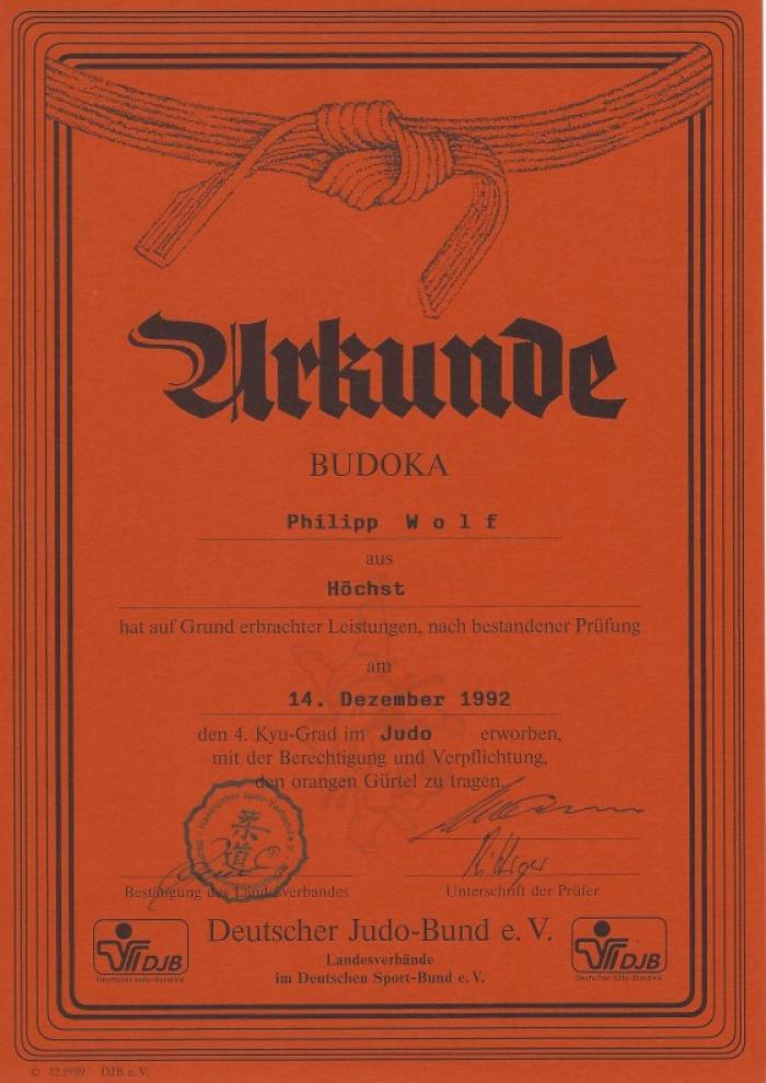 4th Kyu · December 4, 1992 · Promoted by Hessischer Judo Verband