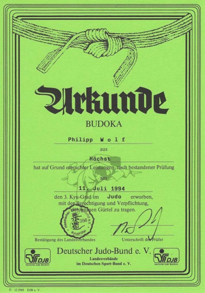 3rd Kyu · July 11, 1994 · Promoted by Hessischer Judo Verband