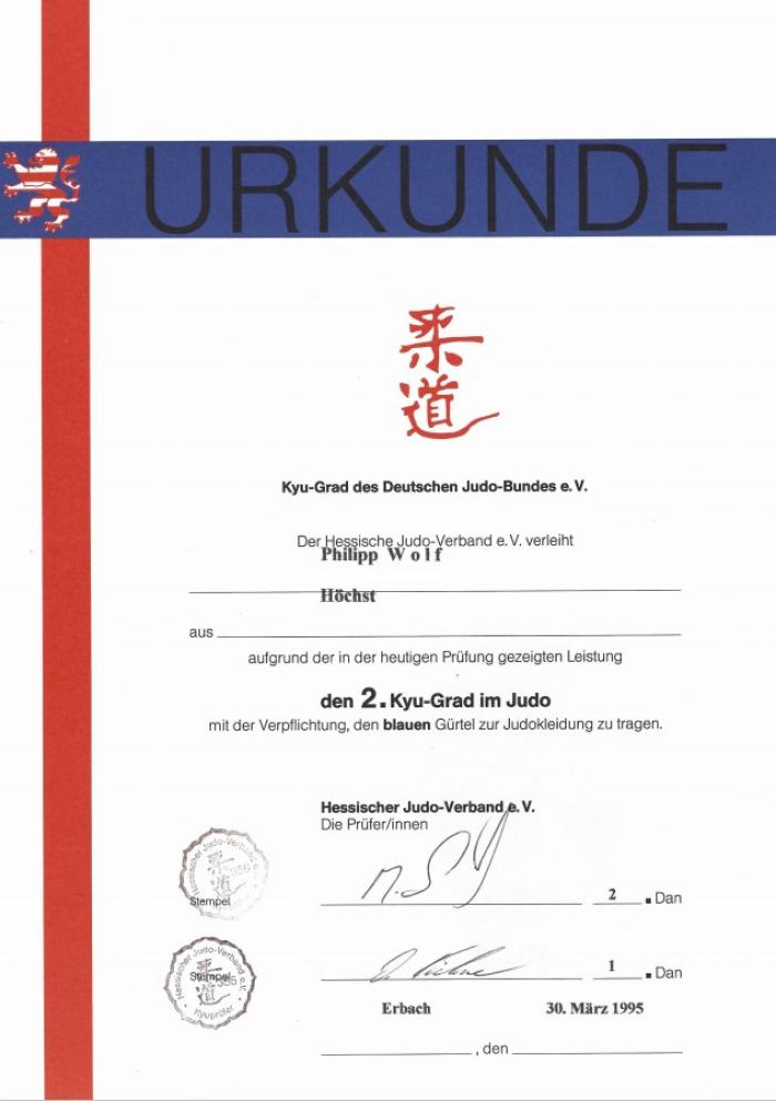 2nd Kyu · March 30, 1995 · Promoted by Hessischer Judo Verband e.V.