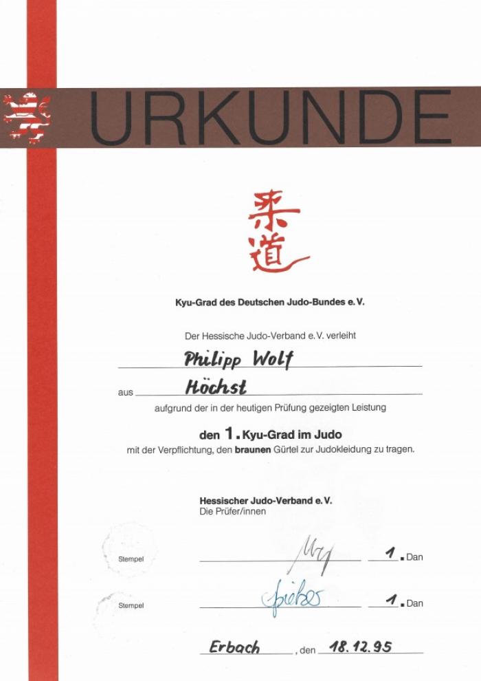 1st Kyu · December 18, 1995 · Promoted by Hessischer Judo Verband e.V.