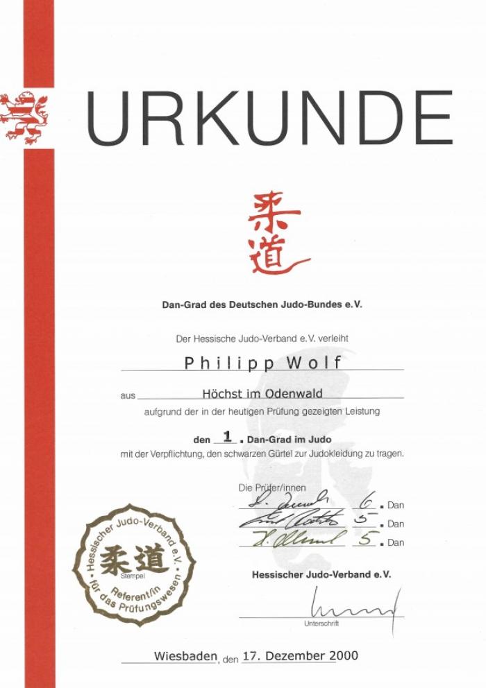 1st Dan · December 17, 2000 · Promoted by Hessischer Judo Verband e.V.