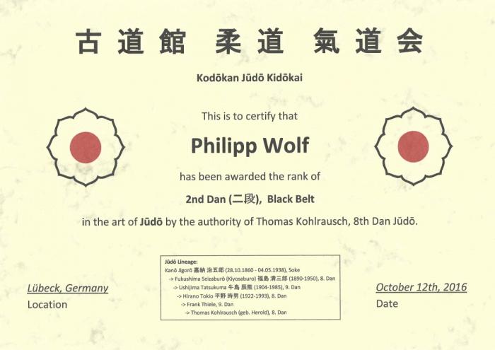 2nd Dan · October 12, 2016 · Promoted by Thomas Kohlrausch, 8. Dan (Kodōkan Jūdō Kidōkai)