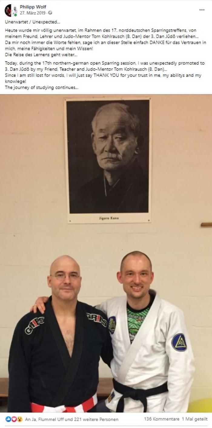 3rd Dan · March 27, 2019 · Promoted by Thomas Kohlrausch, 8. Dan (Kodōkan Jūdō Kidōkai)