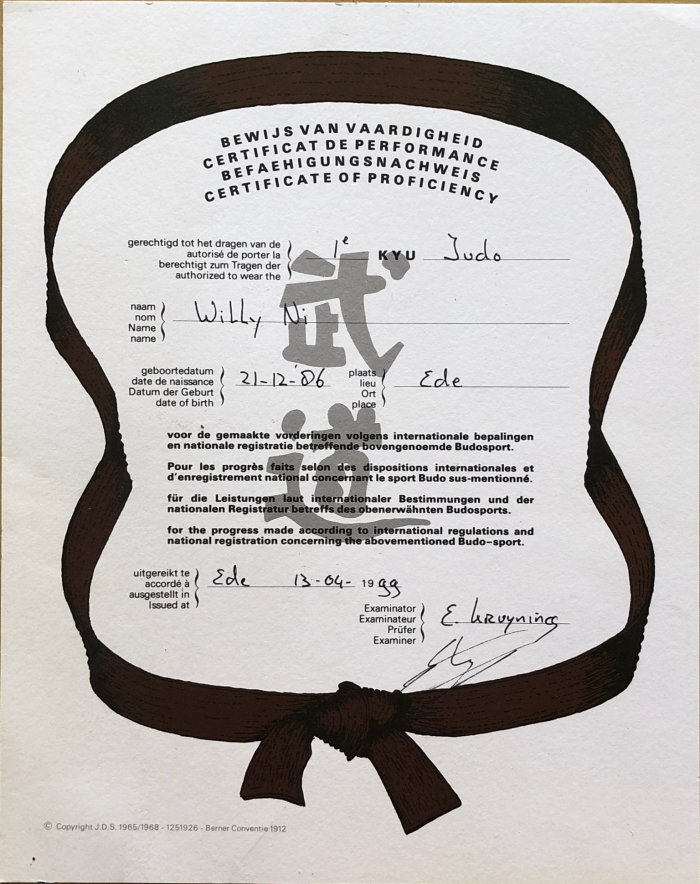 1st Kyu · April 13, 1999 · Promoted by Edgar kruyning