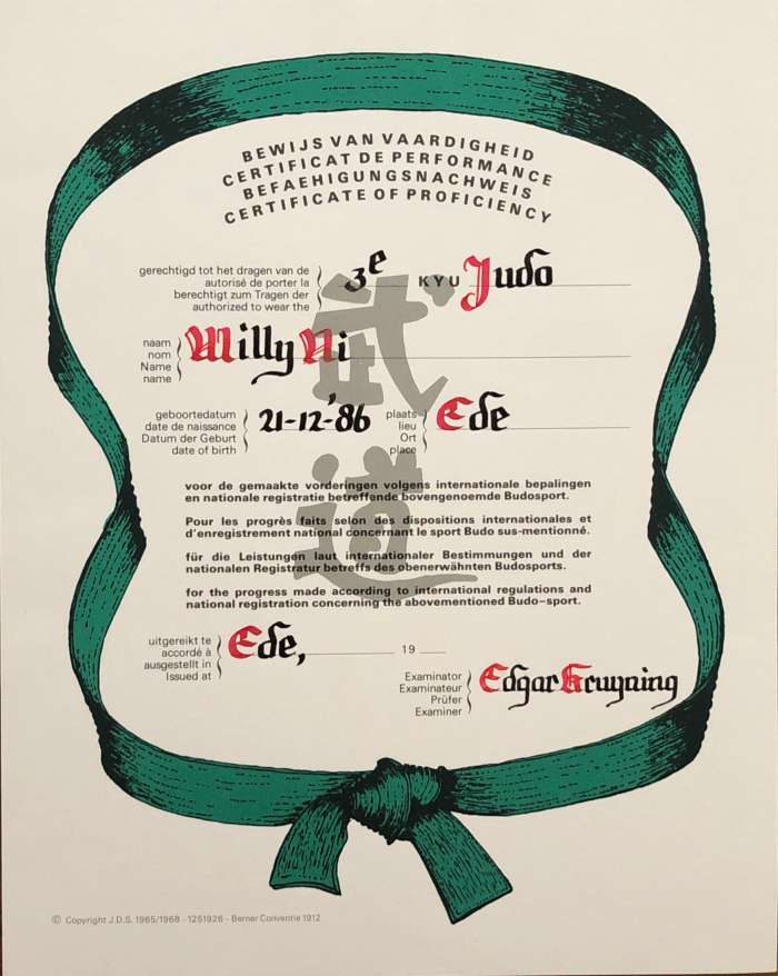 3rd Kyu · December 1, 1996 · Promoted by Edgar kruyning
