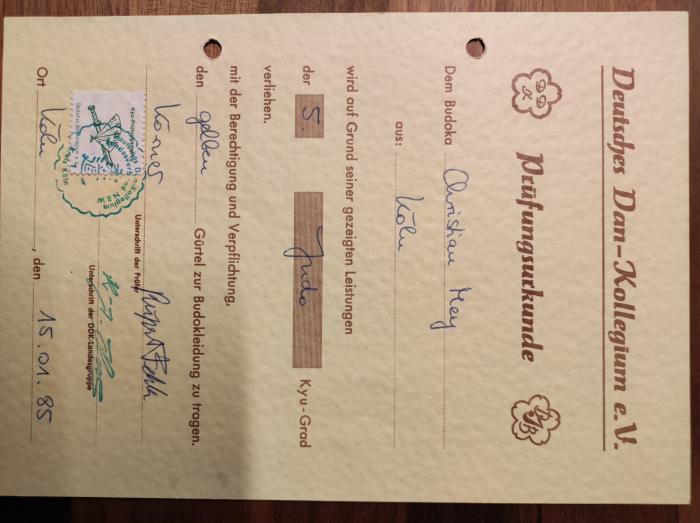5th Kyu · January 15, 1985 · Promoted by Rupert Fehler