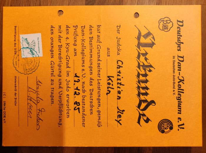 4th Kyu · December 13, 1985 · Promoted by Ursula Frekers