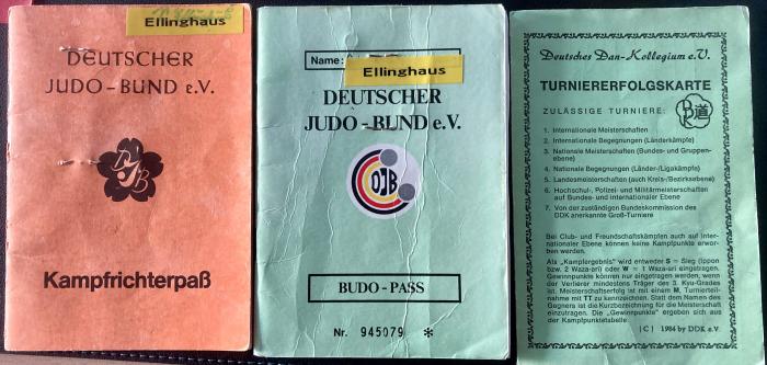 historical documents: national referees-passport, Judo-passport (DJB/IJF aff.) & national competition success-card (for collecting comp. points)
