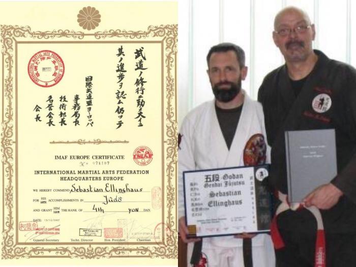 Certificate 4th degree (time served) and 5th degree (official „JJ“/ h.c. by Kyudokan Nihon Bujutsu Kenkyusho given by Kester M. Peters)