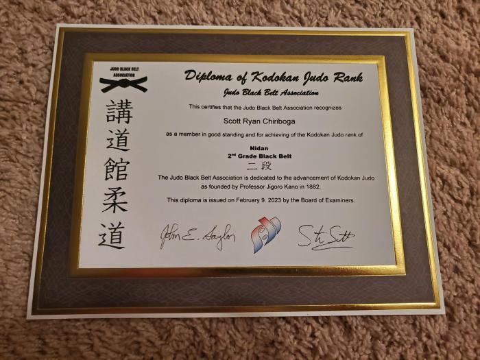 Judo Black Belt Association 2nd Grade Black Belt (Nidan) Rank Certificate