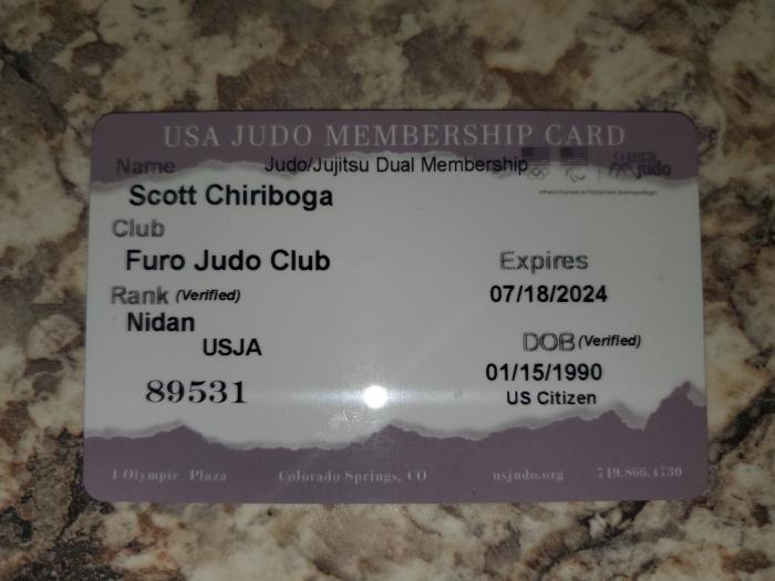 USA Judo Nidan (Black Belt 2nd Degree) Rank/Membership Card