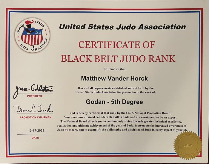 5th Dan · October 17, 2023 · Promoted by United States Judo Association