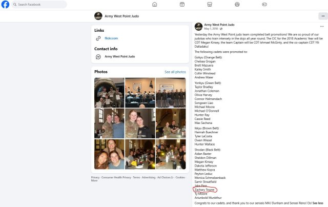 Army West Point Judo Facebook post confirming my 1st Dan promotion in 2018.